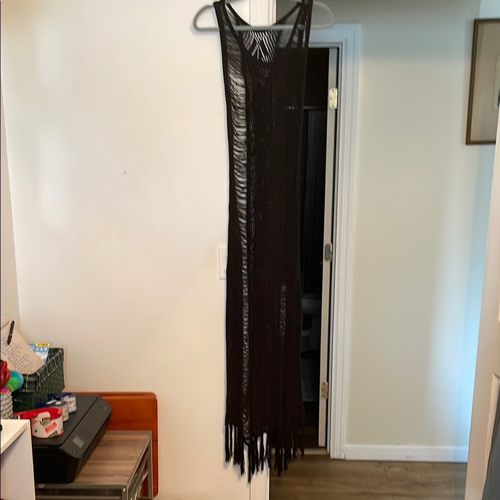 Black Fringe Maxi Dress coverup EUC